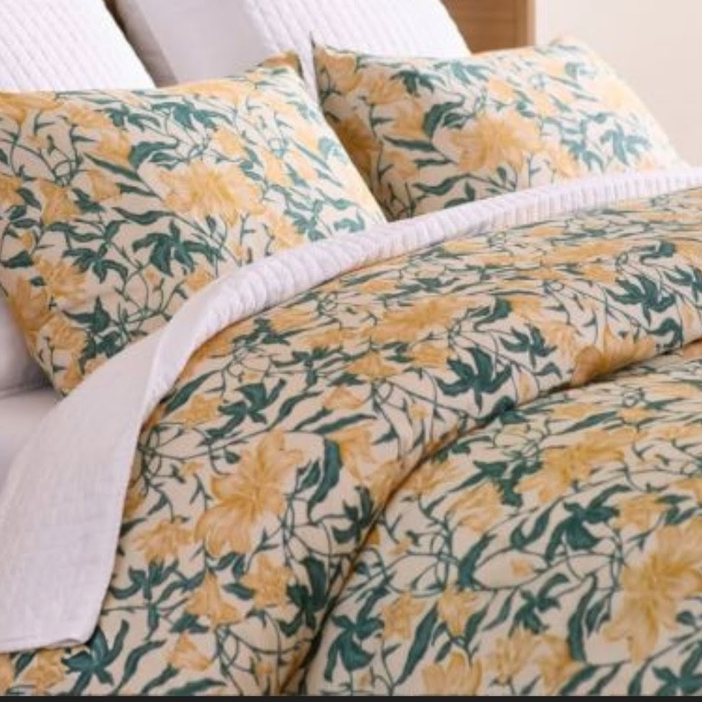 Rejuvenation Yellow Floral Cotton Comforter Set with Green Leaves - Home Bedding